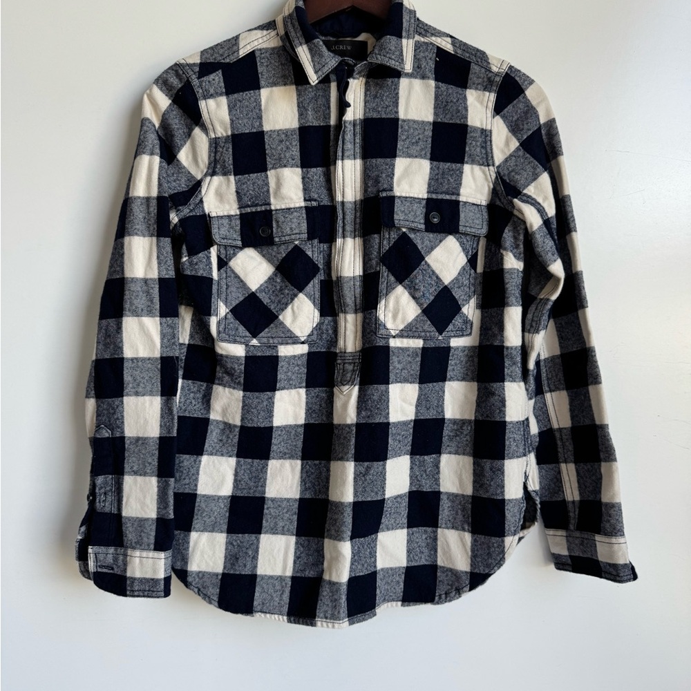 J. Crew Women XS navy blue white gingham plaid 1/4 zip jacket‎ Shacket cabincore